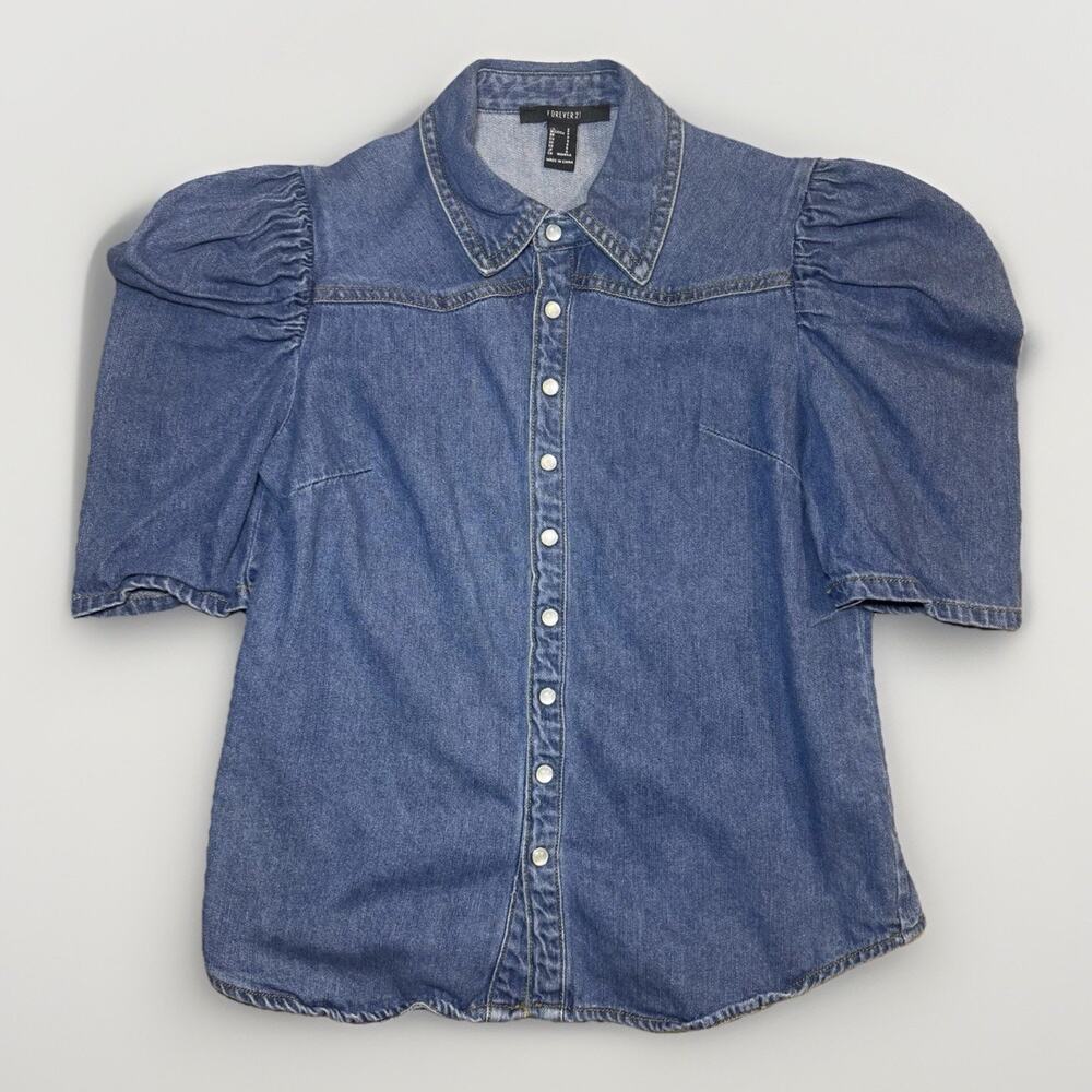 Forever 21 Denim Puff Sleeve Blouse Womens Small Chambray Snap Front 14x21